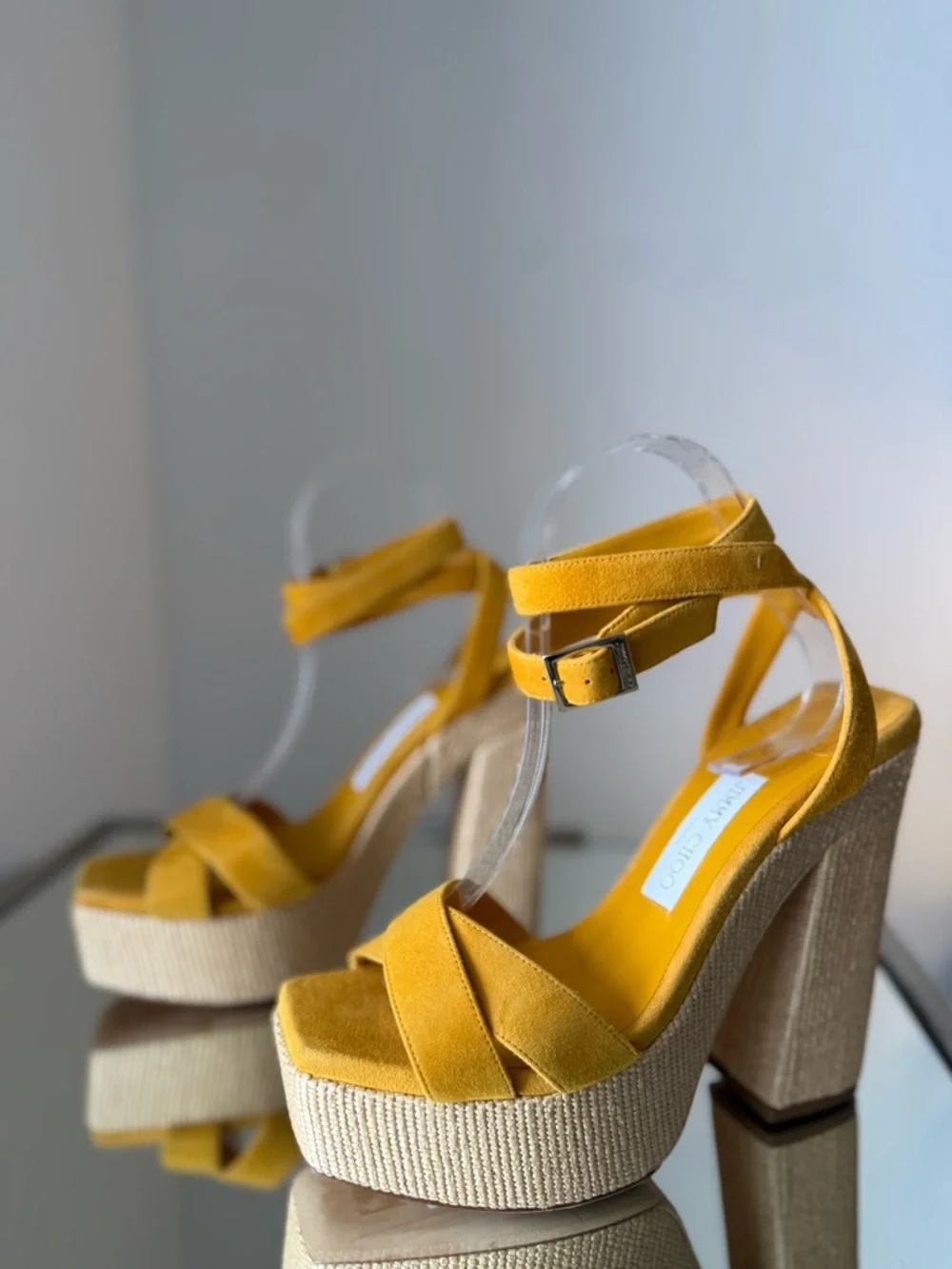 New JIMMY CHOO Gaia 140 Sunflower Suede and Natural Raffia Platform Sandals 39.5